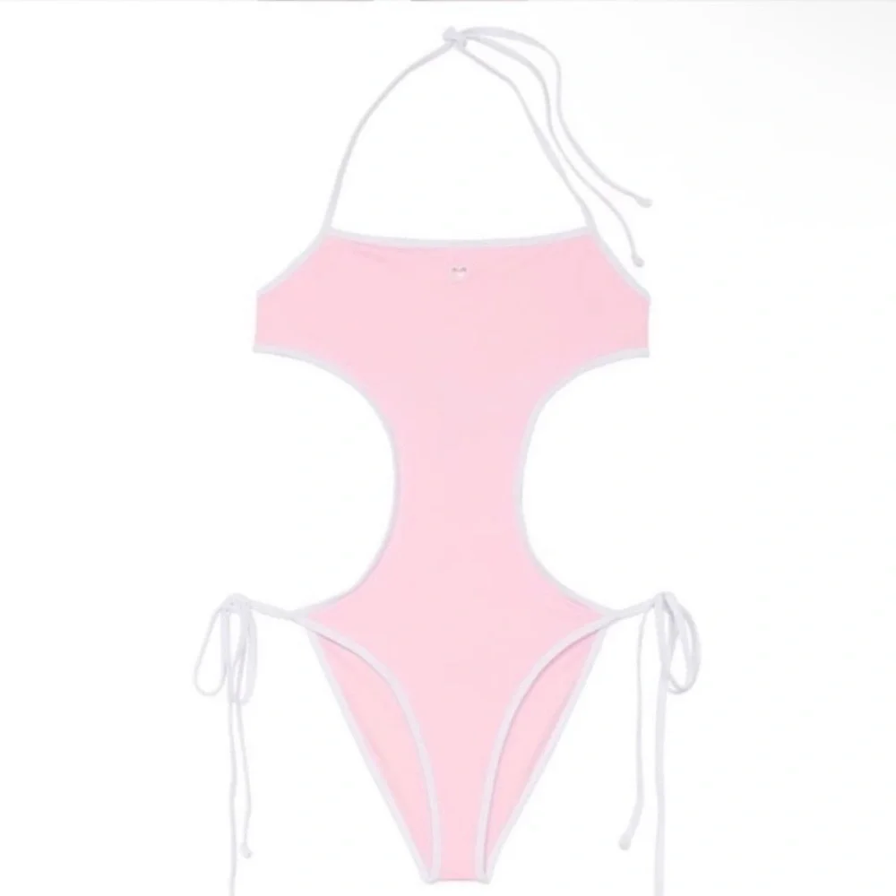 Frankie's Bikinis Pink One-Piece Cutout Swimsuit with Cream Trim